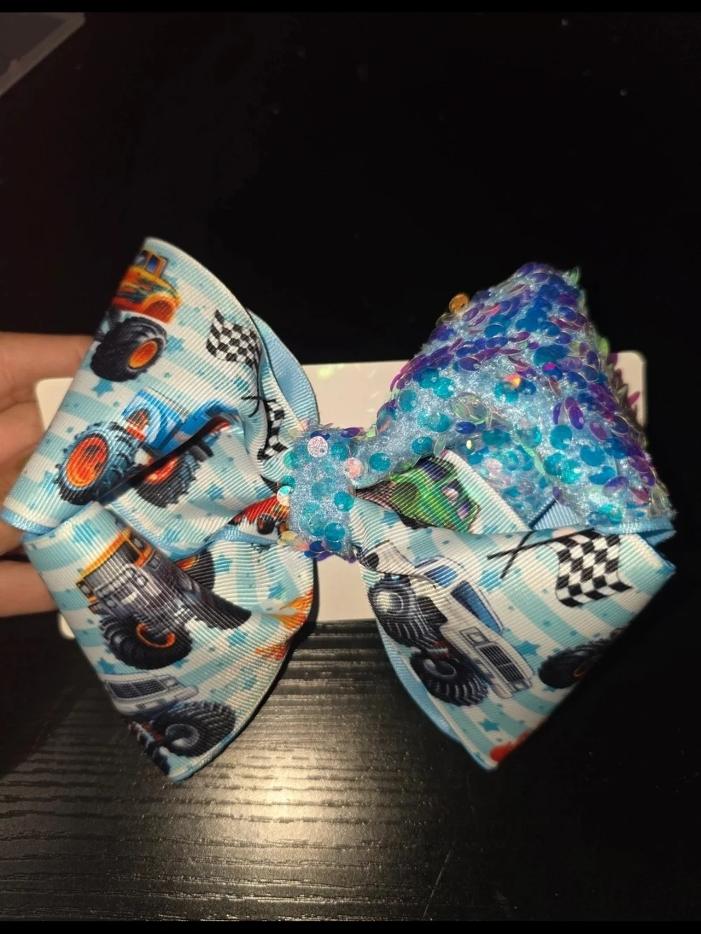 Kids Monster Truck Sequin Hair Bow - Blue